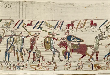 Os normandos lutam e matam aqueles que estavam com o rei Harold, Bayeux Tapestry (bordado de lã em linho)
