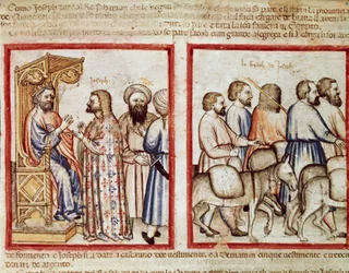 O faraó conta seu sonho a Joseph Miniature do Codex 212 (ou padovano ou Bíblia de Pádua) 1390-1400 Rovigo, Accademia dei Concordi