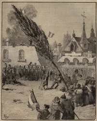 A Plantação de uma Árvore da Liberdade durante a Revolução (pólo da Liberdade) - Plantação de uma Árvore da Liberdade (álamo) em França. Gravura de 1885 em "Les arts et metiers illustres" de Adolphe BITARD.