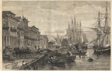 The Quay of Boa Vista, at San Pedro de Rio Grande do Sul, a Seaport of Brazil - Le quai de Belle-Vue, a San Pedro de Rio Grande (Brazil) - Captaincy of Sao Pedro do Rio Grande do Sul - Engraving from “The Illustrous Universe” 1866