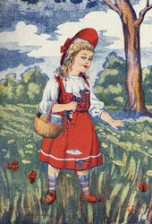 O Capuchinho Vermelho tem flores. Ilustração de "The Red Riding Hood", conto de Charles Perrault (1628-1703), escritor francês. Ilustração anônima. Imagery Marcel Vagne, Jarville Nancy, sem data (final do século XIX).