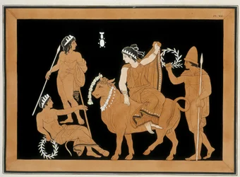 A Remoção da Europa - "Pinturas de vasos antigos, vulgarmente chamados de etruscos", de várias colecções e gravados por A. Clener, acompanhados de explicações de A.L. Millen. Por Dubois-Maisonneuve. Biblioteca de Maisons Alfort, Escola Veterinária. 1808