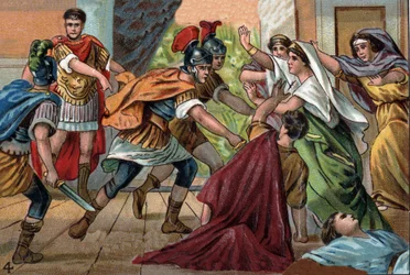 O imperador romano Caracala (188-217) assassina o seu irmão Geta nos braços da mãe.