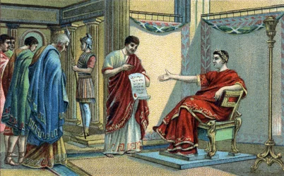 O Imperador Romano Constantino (272-337) estabeleceu as primeiras leis religiosas relativas à igualdade de crenças. Cromolitografia do final do século XIX.