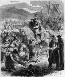 A Submissão dos Saxões em 785 - História da Gália na Idade Média: os Saxões da Germânia ajoelhados perante o Rei Carlos Magno (742 - 814) vencedor das guerras - Gravura em "Histoire De France En Hundred Paintings de Paul Lehugeur "1891