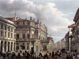 O Teatro alla Scala, em Milão, no início do século XIX. Gravura da época. Museo della Scala de Milão