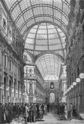 A galeria Victor Emmanuel (Victor-Emmanuel) em Milão, em 1867. (Galleria Vittorio Emanuele). Gravura a partir de 1867.