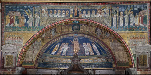 A Visão de Jerusalém Celestial: Os Eleitos são recebidos pelos anjos. Abaixo, o cordeiro de Deus. Detalhe. Mosaico por volta de 830. Arco Triunfal da Basílica de Santa Prassede, Roma.