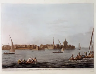 Os Muros e o Porto de Aboukir (antigo Canopy) - em "Vistas no Egipto, Palestina e outras partes do Império Otomano".