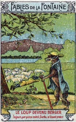 O Lobo tornou-se Berger - Fábulas de Jean de La Fontaine (1621-95) - Cromolitografia do final do século XIX Coleção Particular