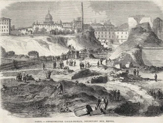 O anfiteaturgo Gallo Romain descobriu na Rue Monge em Paris em 1870, hoje os Arenes de Lutèce. Gravura do século XIX.