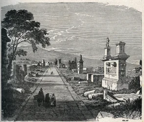 A antiga rota dos Ápia, via appia atravessando os pântanos dos pontinos (Agro pontino) perto de Roma. Gravura do século XIX.