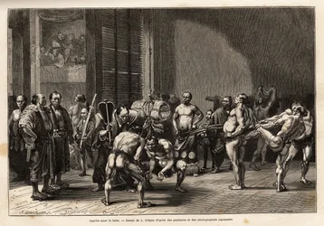 As apreensões pela luta de sumo, os atletes aquecem, esticam, se estilizam e se concentram antes de lutar. Gravura para ilustrar a viagem ao Japão, de Aime Humbert, ministro da Confederação Suíça, em 1863-1864, publicada em "le tour du monde",