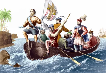 A chegada de Cristóvão Colombo a San Salvador em 12/10/1492. Gravura v. 1876.