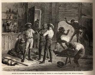 A chegada dos mineiros a uma pousada Caribou (Canadá), cenas de relaxamento e reencontro, sobre uma bebida. Gravura para ilustrar a viagem do Atlântico ao Pacífico (route du nord ouest par les terres), em 1862-1864 pelo Visconde Milton e pelo Doutor Cheadl