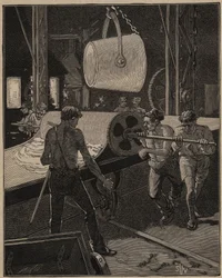 A arte do vidro: fazer sorvete. O passo chamado "o grande fluxo". Gravura de 1885 em "Les arts et metiers illustres" de Adolphe BITARD.