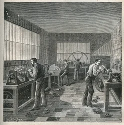 A arte do torno: trabalho em metal em uma oficina de um turnner-repeller. Gravura de 1885 em "Les arts et metiers illustres" de Adolphe BITARD.
