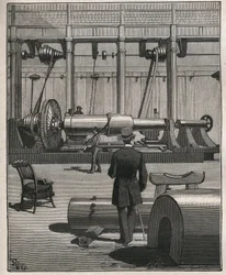 A arte do tour: disparar um canhão de monstros de aço. Gravura de 1885 em "Les arts et metiers illustres" de Adolphe BITARD.