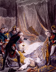 O assassinato de Paulo I Petrovich (1754-1801), czar russo, no seu quarto no Palácio de São Miguel, depois de ter sido forçado a assinar a sua abdicação. Gravura cerca de 1801. Coleção particular