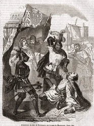 O assassinato do duque da Borgonha, Jean sans Peur, na ponte de Montereau - em „Histoire de France“, de Anquetil, Paris