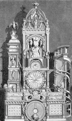 O relógio astrológico de Estrasburgo, executado em 1573 por Conrad Dasypodius - gravura