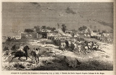 O ataque a Sansandig pelo exército do rei Ahmadou (Toucouleur), onde Bambara fugiu refugiou-se. Gravura para ilustrar a viagem ao Sudão Ocidental do Tenente (Marinha) M.Mage, em 1863-1866, publicada no "Le tour du monde, nouveau journal des voyages", u