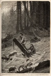 O autor e seu viajante, Mcdonald, descendo os rápidos do rio Nittinaht (Ilha Vancouver) em uma jangada improvisada. Gravura para ilustrar a viagem e as aventuras na Colômbia inglesa, Ilha Vancouver e Alasca, de Frederick Whymper
