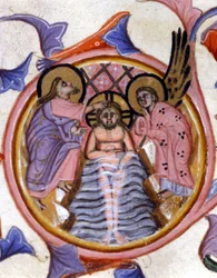 O batismo de Cristo no Jordão por São João Batista - depois de uma miniatura de um manuscrito do século XIV.