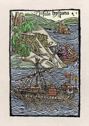 O latido na Hispaniola de Cristóvão Colombo (1451-1506). Gravura de "De insulis in mare Indico super inventis", Bale 1493-1494 (tradução latina do relatório de Colombo ao Rei de Espanha).