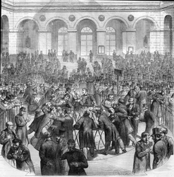 O cesto dos cambistas, na Bolsa de Valores de Paris em 1865. Gravura após o sorteio por M.G. Roux