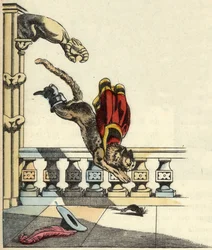 O gato bota tendo pedido ao ogre para se transformar num rato, salta para devorá-lo. Ilustração do conto de Charles Perrault "Le chat botte".