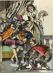O gato das botas oferece o coelho ao rei pelo seu mestre, o Marqui de Carabas. Ilustração do conto "The cat botte", de Charles Perrault