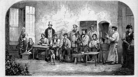 O engarrafamento do vinho Champagne. Gravura a partir de 1864.