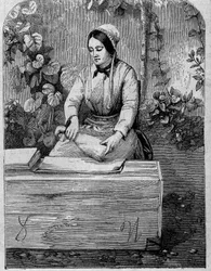 O engarrafamento do vinho Champagne. Gravura a partir de 1864.