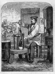 O engarrafamento do vinho Champagne. Gravura a partir de 1864.