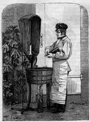 O engarrafamento do vinho Champagne. Gravura a partir de 1864.