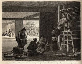 A criação e o comércio de casulos de vermes da seda: uma magnetização para a sericultura, tendo como pano de fundo o cultivo de muriers, indispensável para alimentar o bombyx. Gravura para ilustrar a viagem ao Japão, de Aime Humbert, ministro da Confederaç