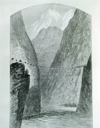 A ponte sobre o rio Apurimac, gravura. Peru
