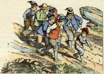 Os irmãos seguem o Little Poulet que semeou seixos brancos no caminho. Ilustração do conto "Le Pepetit Poucet", de Charles Perrault