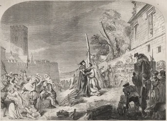 O incêndio dos Bispos Nicholas Ridley e Hugh Latimer na fogueira perto dos portões do Balliol College, Oxford, Inglaterra