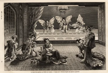O balé borboleta no Teatro Gankiro, no Distrito do Prazer Miyozaki, em Yokohama. Gravura para ilustrar a viagem ao Japão, de Aime Humbert, ministro da Confederação Suíça, em 1863-1864, publicada em "le tour du monde", sob o