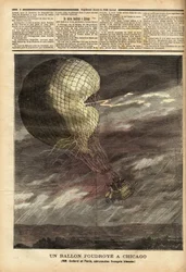 O balão cativo (balão cativo) dos senhores franceses Godard e Panis, vítima de um acidente causado pela tempestade de 7 de julho, no chão da Exposição Mundial em Chicago, em pleno vôo, o balão foi atingido e golpeado, ferindo os dois aviadores gr