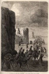 A caravana dos Hajis (pelerinas muçulmanas) em Korantaghi (Pérsia, Irão). Desenho de Emile Bayard (1837-1891), para ilustrar a viagem à Ásia Central, em 1863, de Arminius Vambery (cientista húngaro disfarçado em dervixe). Gravura em "Le tour du mond