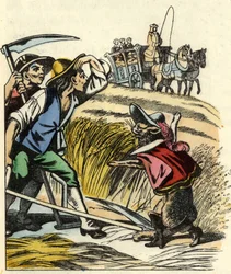 O gato obriga os camponeses a dizer que o campo em que cortam o trigo pertence ao Marquês de Carabas. Ilustração do conto "O fundo do gato", de Charles Perrault