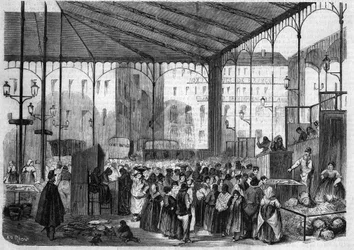 O mercado central de Paris: o mercado do peixe em 1858.