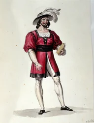 A personagem que interpreta o Virilite no ballet "Il noce di Benevento" do compositor austríaco Franz Xaver Sussmayr (1766-1803). Ilustração do século XIX