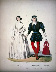 As personagens de Gilda, Rigoletto e Giovanna no Acto III da ópera "Rigoletto" do compositor italiano Giuseppe Verdi (1813-1901)