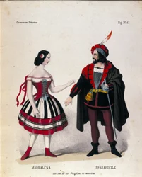 As personagens de Maddalena e Sparafucile no Acto III da ópera "Rigoletto" do compositor Giuseppe Verdi (1813-1901)