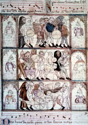 A festa de charivari para o casamento de Fauvel. Procissão de músicos e travestis. Miniatura do manuscrito "Le roman de fauvel" de Gervais du Bus (Gerves du Bus)