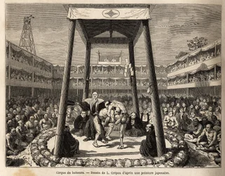 O circo dos lutadores, que esperam pela sua vez para lutar, acontece na arena debaixo da jaula de madeira; a multidão de espectadores e apostadores assistem às lutas com paixão. Gravura para ilustrar a viagem ao Japão, de Aime Humbert, ministe